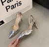 Fashion Shiny High Heels Slingback Silver Women Pumps Metallic Crystal Sandals Pointy Toe Stiletto Heeled Shoes Party Dress Shoes Woman