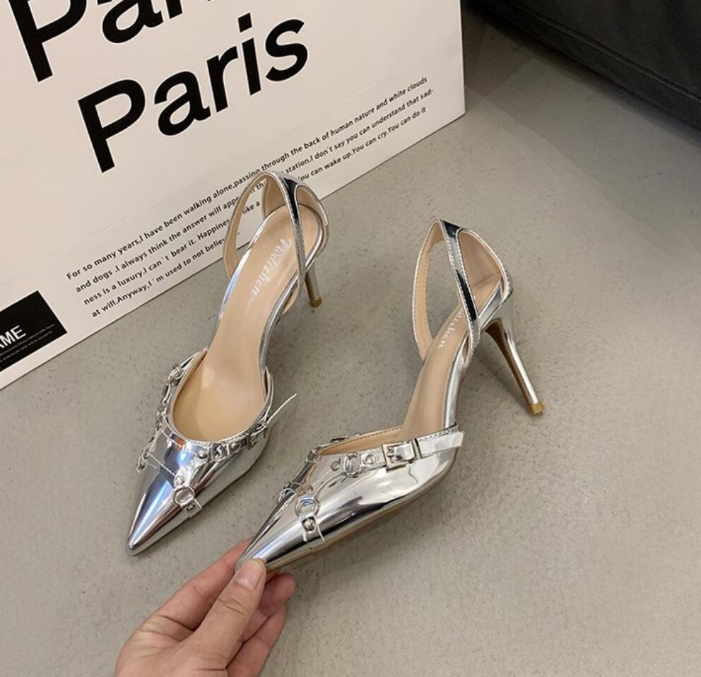 Fashion Shiny High Heels Slingback Silver Women Pumps Metallic Crystal Sandals Pointy Toe Stiletto Heeled Shoes Party Dress Shoes Woman