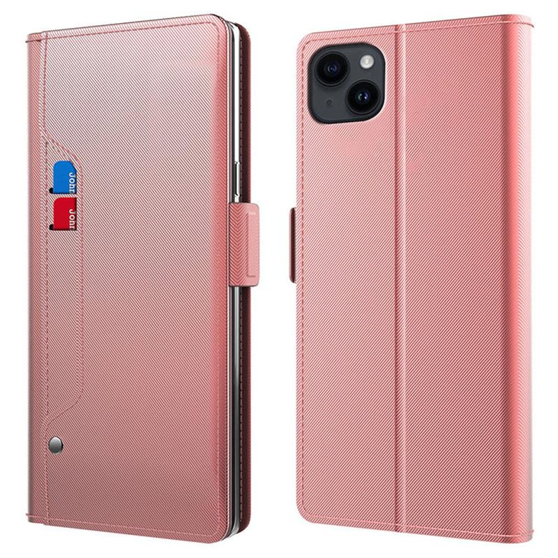 

For iPhone 15 Case Anti-Scratch Stand Shell PU Leather Phone Cover with Mirror,Card Slot Rose Gold