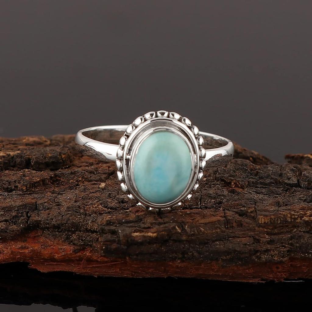 Natural Larimar Gemstone Ring, Solid 925 Sterling Silver Birthstone Ring, Bohemian Ring, Gift For Her