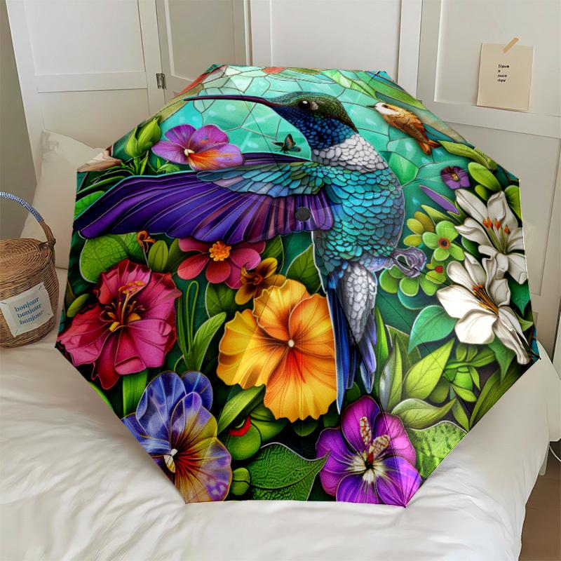 

Automatic Open/Close Umbrella with One-Button Operation - Floral & Bird Design, 8-Rib Durable Frame, Compact Travel Umbrella f Iron&8K