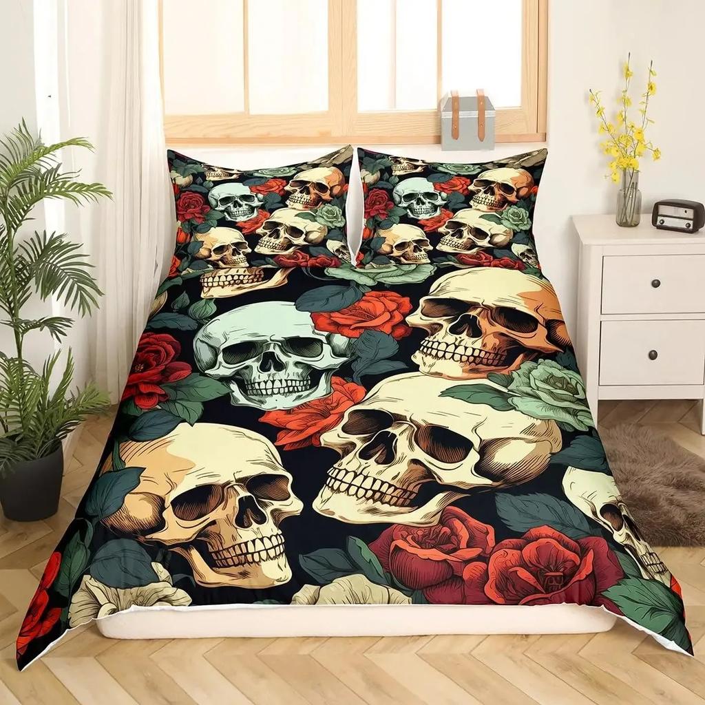 Sugar Skull Lover Duvet Cover King Kissing Couple Skeleton Bedding Set Red Rose Comforter Cover Death And Love Theme Quilt Cover
