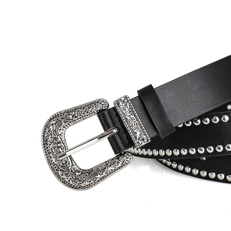 American fashion punk style belt for men and women, trendy carved silver buckle, rivet decoration, versatile belt for women