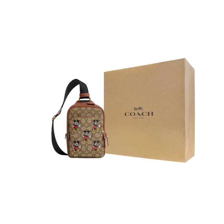 Coach X Disney Collaboration 13 Inch Mickey Embroidered Color Block Leather And Fabric Medium Shoulder Crossbody Bag Men Bags Khaki CM721-B4KM