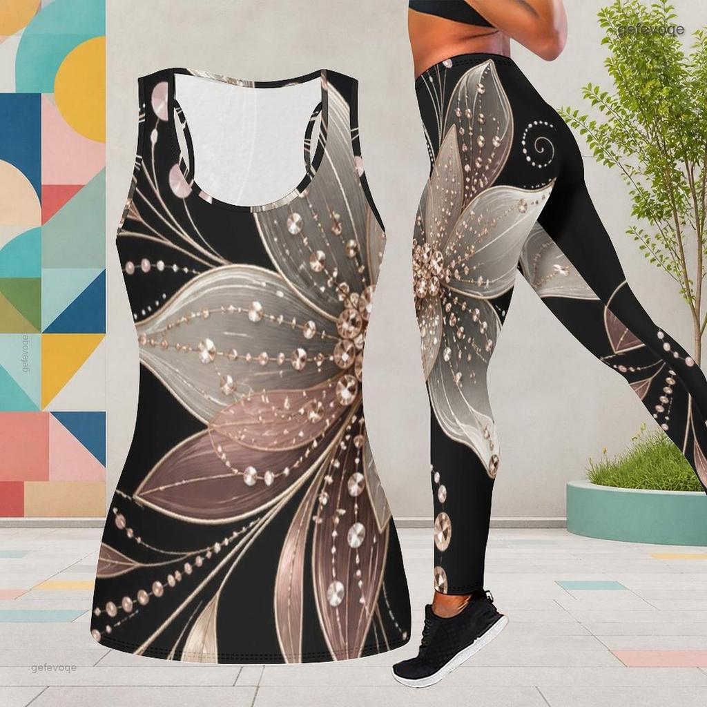 Women Plus Size Two Piece Set Scoop Neck Sleeveless Printed Tank Top Fitted Black Gold Leggings