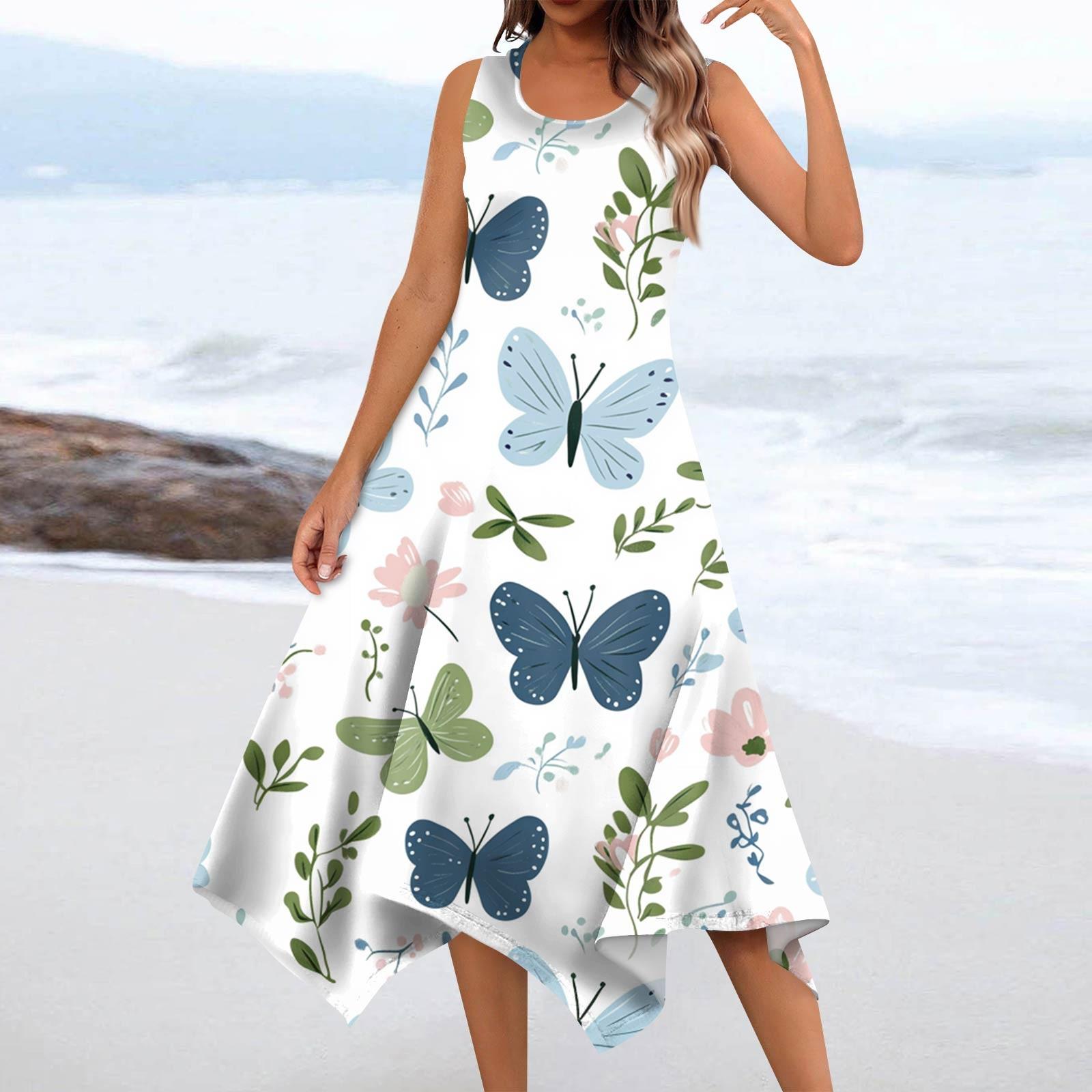 

Женское повседневное модное платье миди без рукавов с круглым вырезом и цветочным принтом, нерегулярный подол S