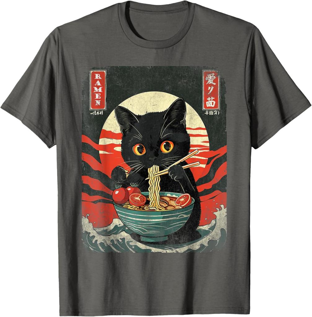 Black Cat Eating Ramen Japanese Style Graphic Tee Men Casual Short Sleeve T-Shirt