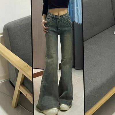 Jeans Micro Flare Confortáveis e da Moda para Mulheres Senso de Design Cintura Alta Soltos Perna Larga Mostram Calças Retas Finas Jeans para Mulheres Calças Jeans Compridas