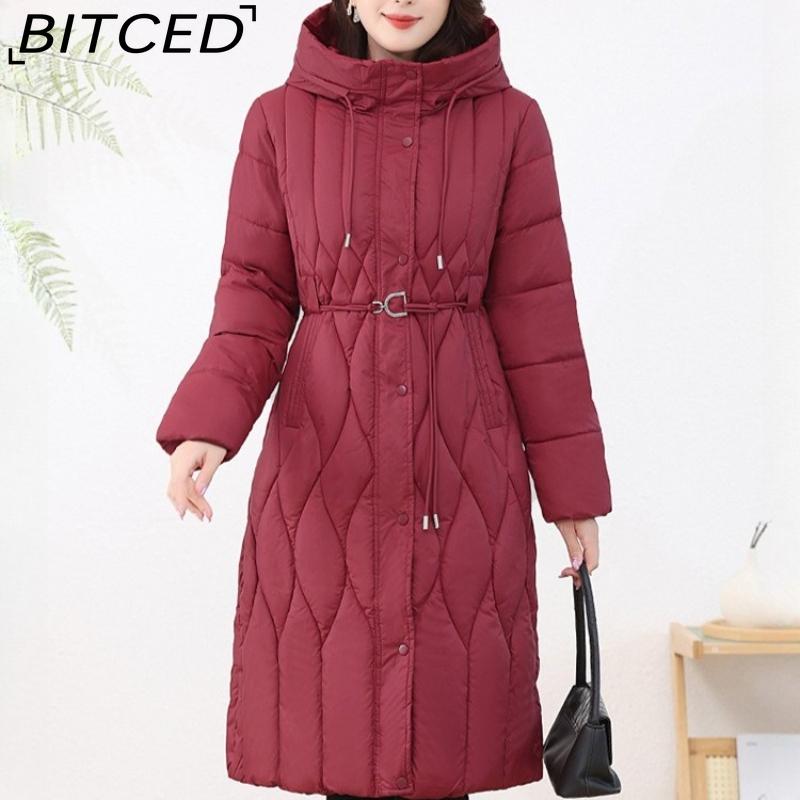 BITCED Women's Long-Length Winter Coat with Hood and Drawstring Waistband Fitted and Flattering Silhouette for a Slimming Effect
