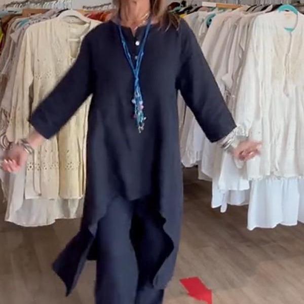 Women's Solid Color Casual Cotton Linen Long-Sleeved Summer Set