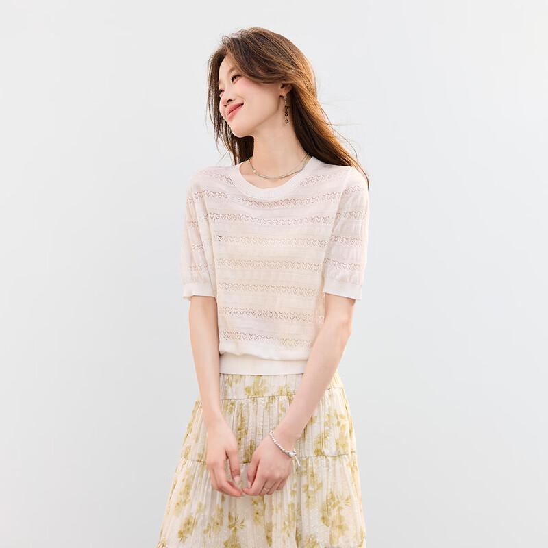 Srcr Women's Silk Blend Hollow-Out Knit Short Sleeve Top