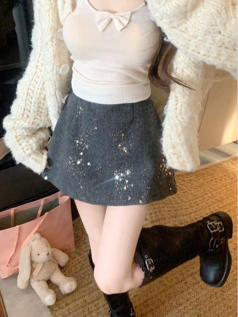 Korean Style Woolen Plaid Heavy Beaded High Waist A-line Skirt Pants for Women - Winter New Arrival