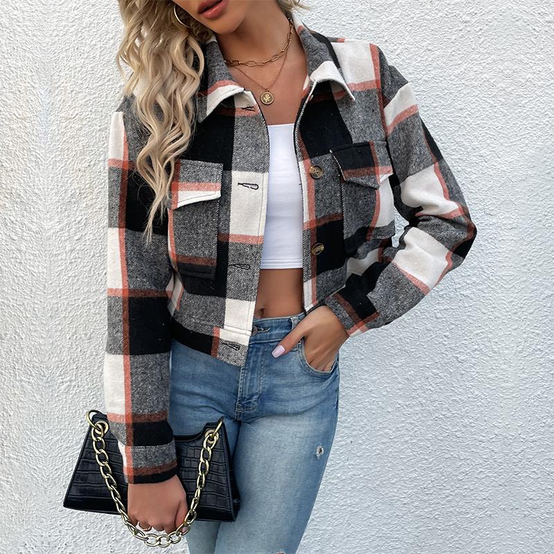 Women's 2026 Europe and The United States Short Paragraph Plaid Shirt Retro Lapel Jacket Female