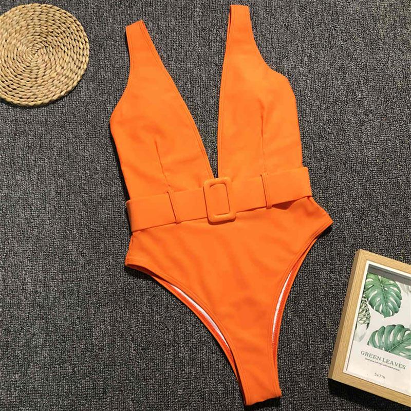 Neon Green One Piece Swimsuit Women Swimwear Bather With Waistband High Waist Swim Wear Monokini