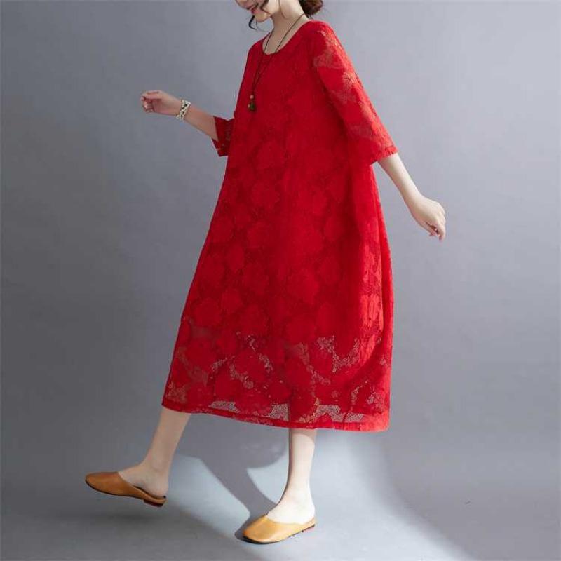 Summer Ethnic Style Lace Vintage Loose Dress Women Print Solid Color Round Neck Patchwork Pocket Long Sleeved Casual Versatile Dresses