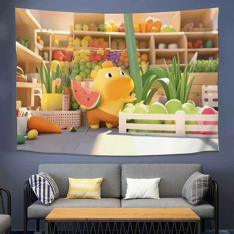 Cute Yellow Dragon CAPYLULU Wall Tapestry Cartoon Character Orange On Head Heart Music Note Kawaii Kids Room Home Decor