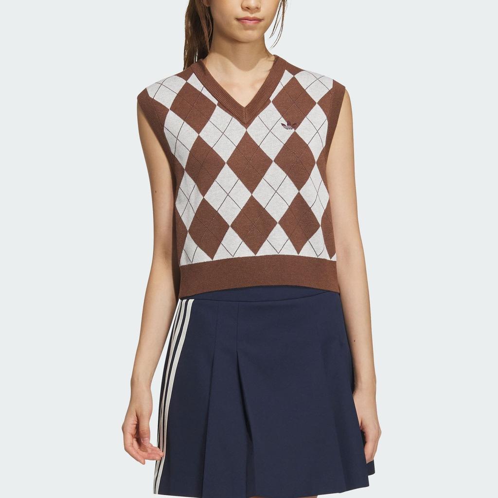 Adidas Originals Plaid Print V-Neck Pullover Sports Vest Women Tops Brown White IX7815