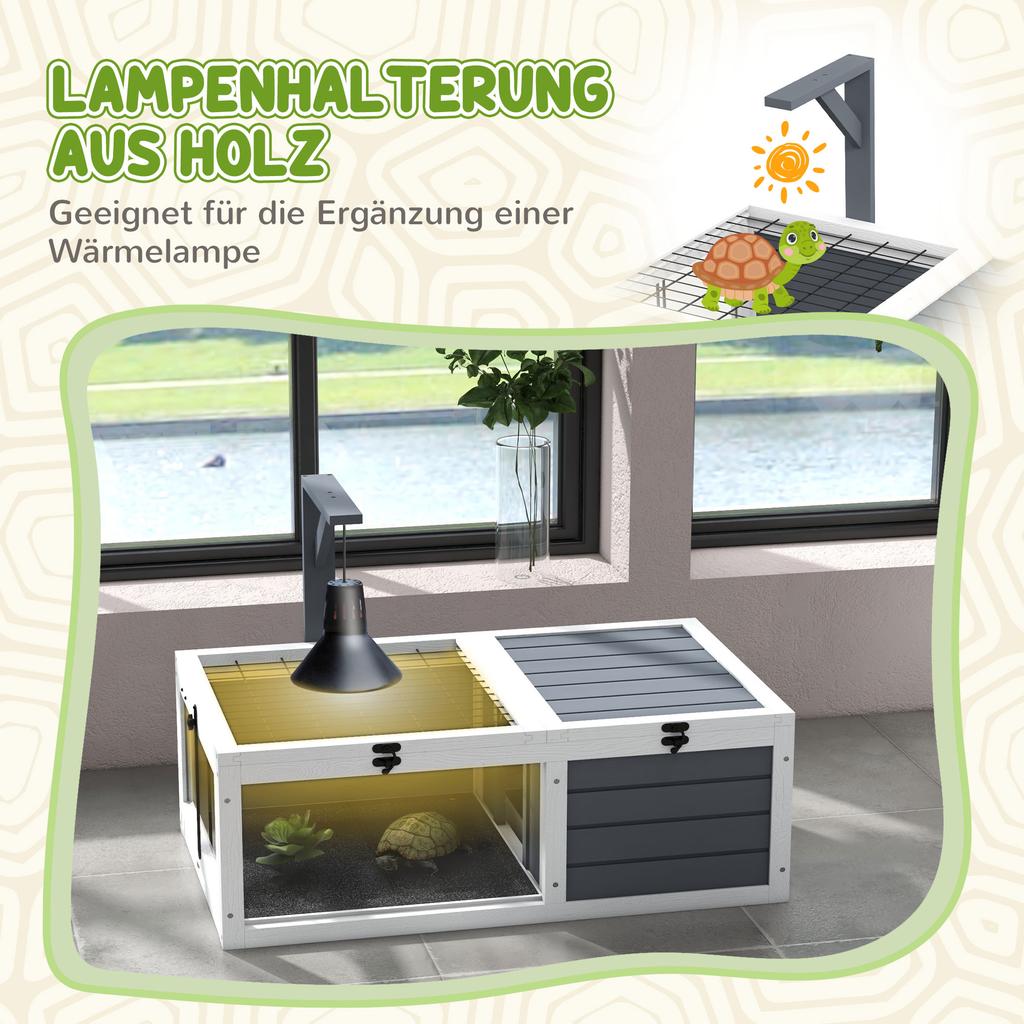 Tortoise Table with Wooden Lamp Holder, Wooden Tortoise House W/ Openable Lids, Pull-Out Trays - Grey
