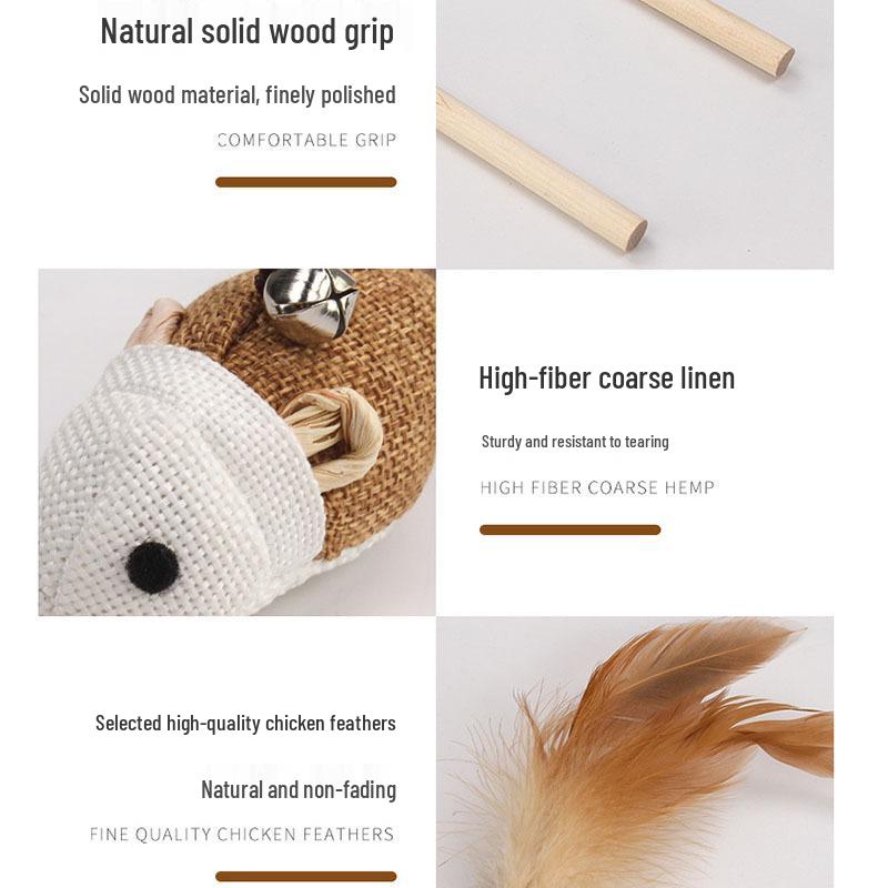 Interactive Gray/White Linen Mouse Cat Wand with Wooden Rod and Handle