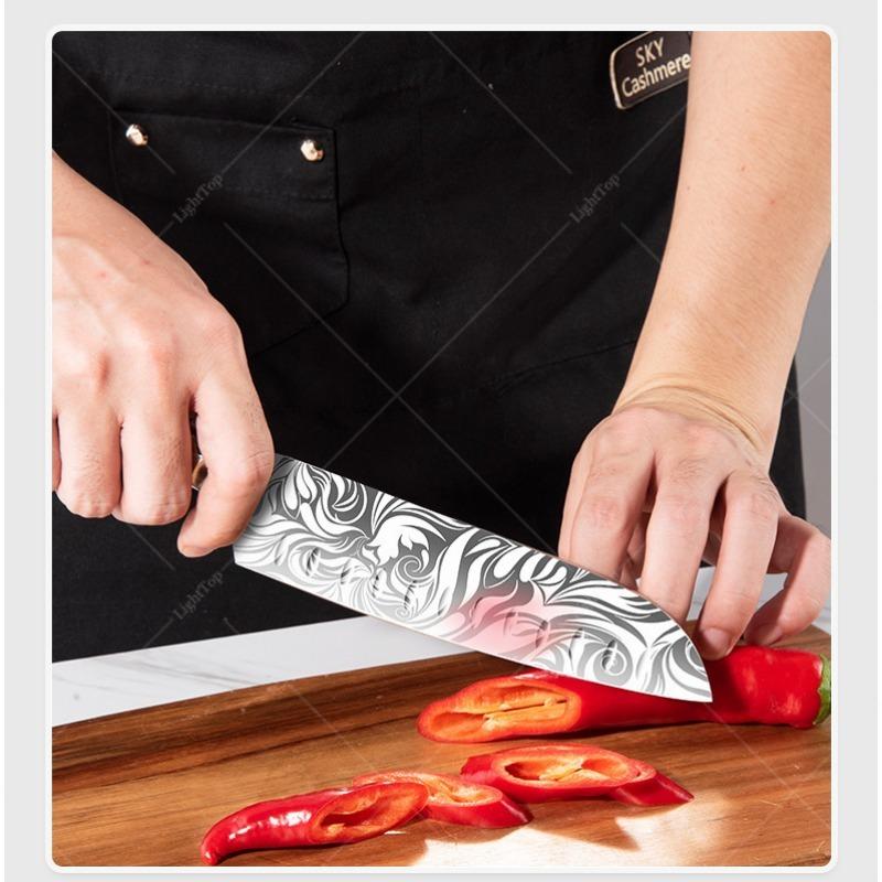 Stainless Steel Santok Knife Green Resin Handle Cutting Meat Vegetables and Fruits Exquisite Laser Pattern Household Kitchen Knife