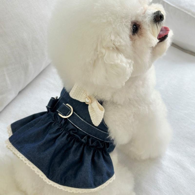 Hund Jeanskjol Vår Sommar Par Hundkläder Teddyklänning Valp Andningsbara Kläder med Rosett Pärlapplikation