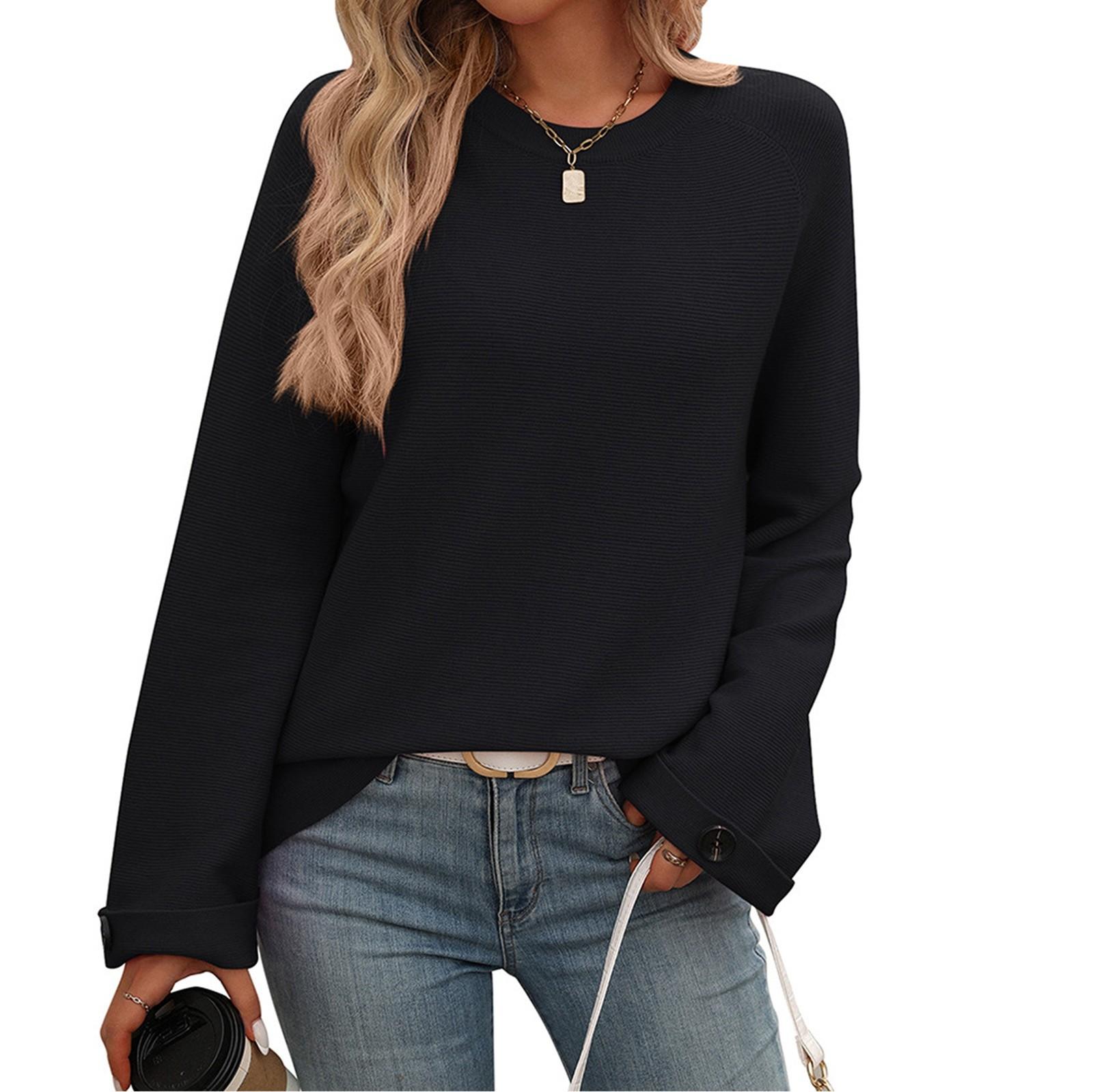 

Женская мода однотонный круглый вырез с пуговицами длинный рукав свитер топ S чёрный