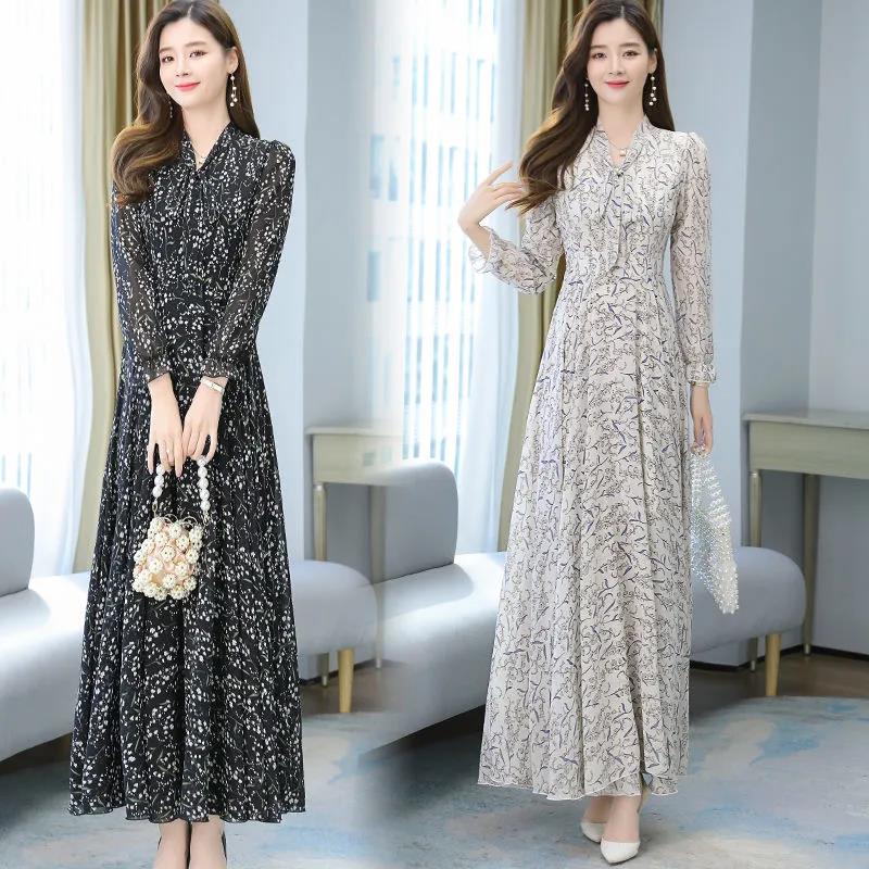 Chiffon-Langarmkleid, Frühling und Herbst, Blumen-Chiffon, Super-Fee-Taille, Strandkleid, langer Rock, Stoff, leicht, atmungsaktiv