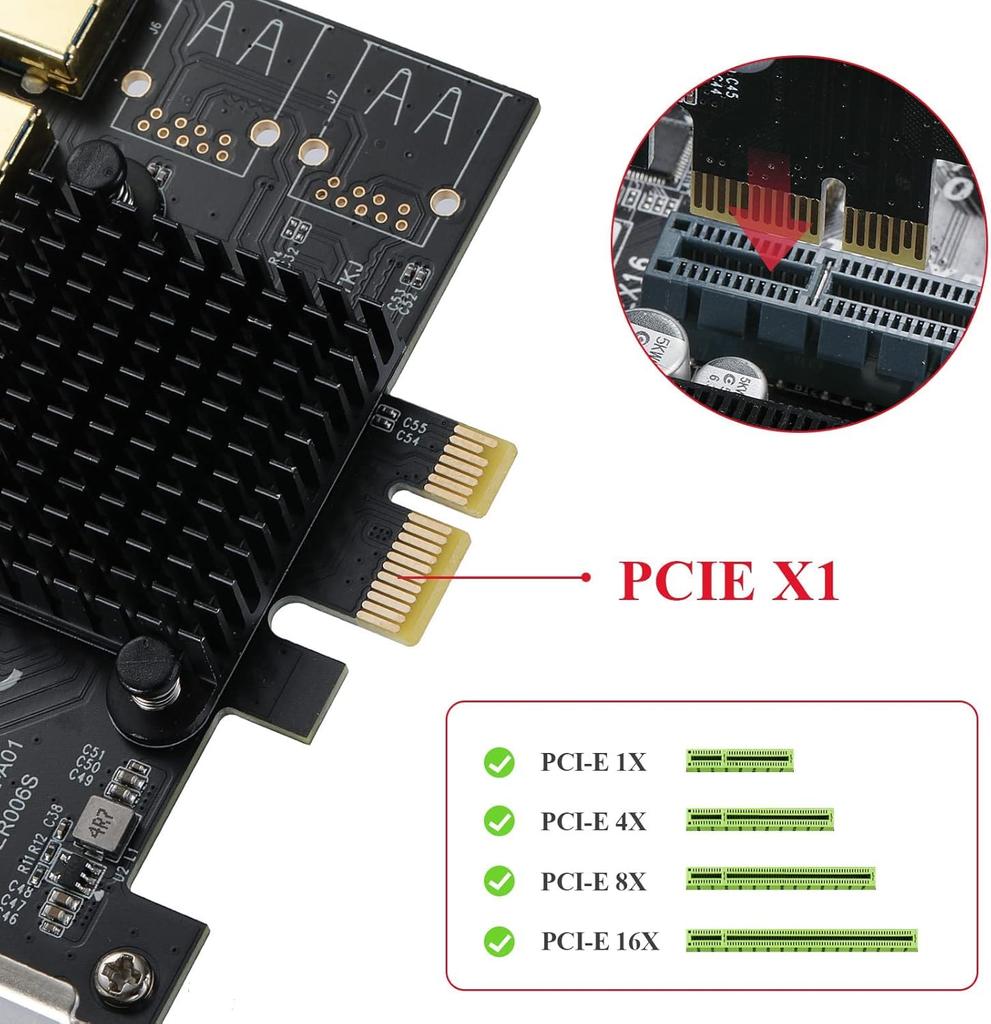 YABOANG Karta zasilająca PCIe Gen3 x1 dla uczenia GPU Zintegrowany port Gen1 Wyposażona w chip ASM1143 5-portowy Mining/Deep USB3.2