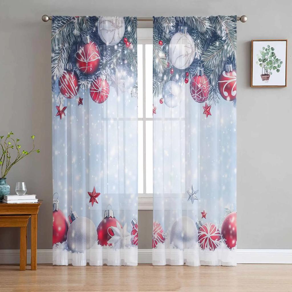 Christmas Snowball Sheer Curtains for Living Room Decoration Window Curtains Kitchen Tulle Voile Curtains