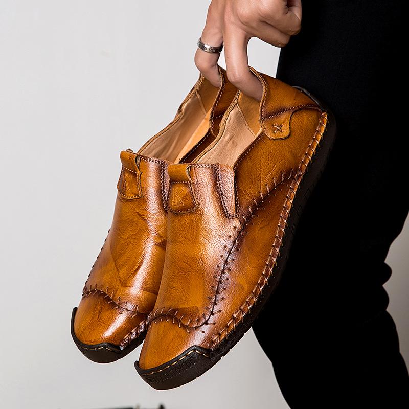 Men's Retro Hand-stitched Slip-on Leather Shoes - Breathable, Casual, Plus Size Driving Shoes