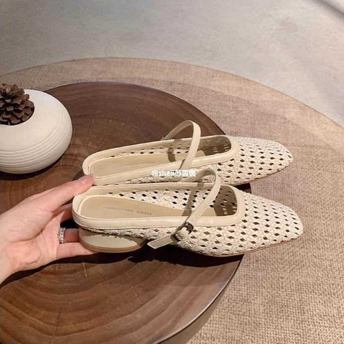 [Grape mother of the same style] Paris vacation~ square head woven thick heel bag head Mary Jane slippers women's half drag sandals