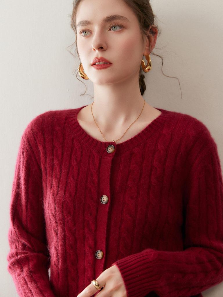 Autumn Winter Cashmere Women's Round Neck Cardigan - Long Sleeve, Loose Fit, Slimming, Cable Knit, Versatile, Skin-Friendly Sweater