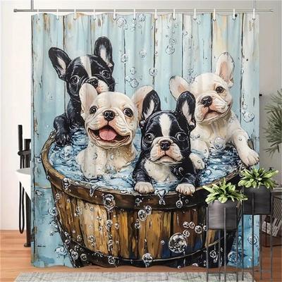 Frecher Welpen Duschvorhang - Französische Bulldogge in der Badewanne Hängend an der Wohnzimmerwand, Schlafzimmerdekoration - Entzückende Haustier-Inspiration