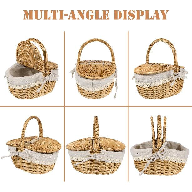 Oval Wicker Picnic Basket 1pc Fruit Vegetable Storage Basket Wicker Weaving Camping Picnic with Double Lid Linen Cotton Cloth Lining for Storage and