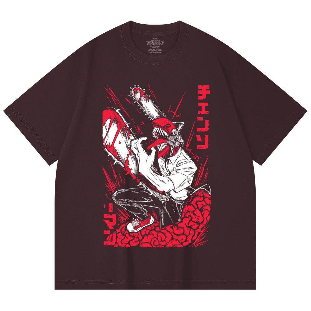 

230 Gsm 100% Cotton Chainsaw Man V28 Denji Print Unisex Heavy Cotton T Shirt 2XL вина червоного кольору
