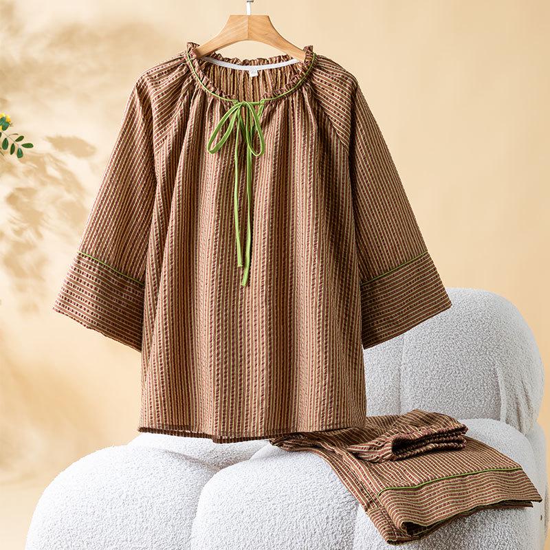 Женский весенний комплект: хлопковый полосатый лонгслив и брюки, 2026 XL