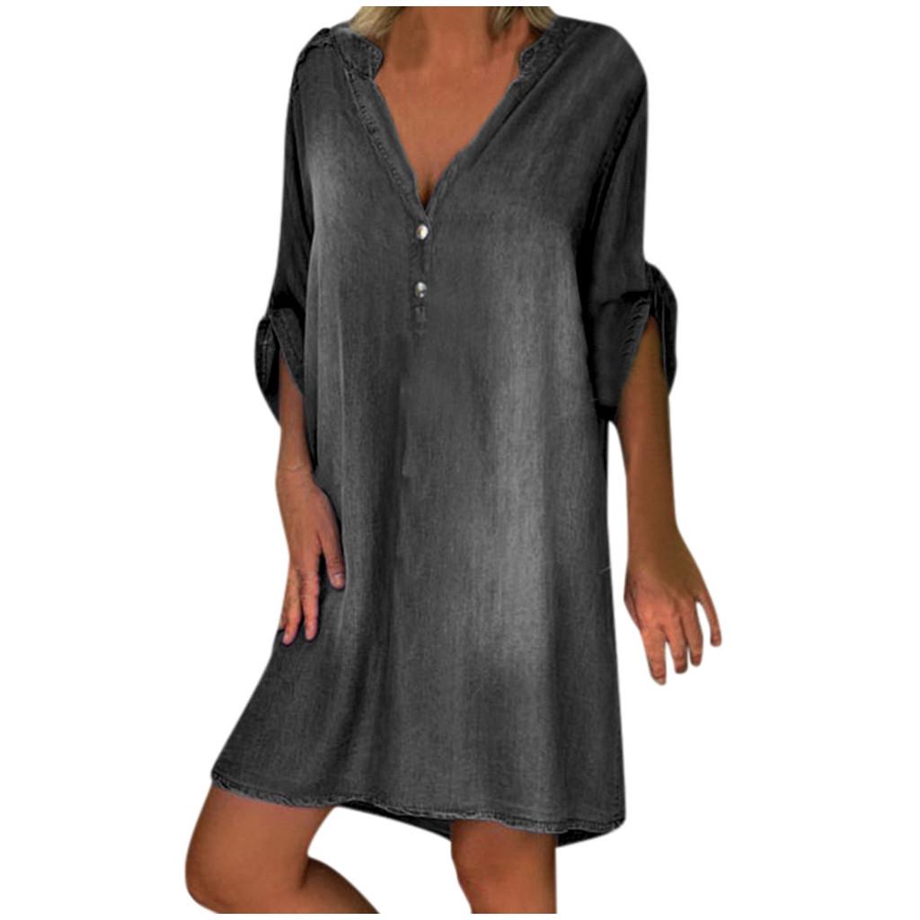 Women's Summer Casual V Neck Denim Long Party Dresses Short Sleeve Swing Dress