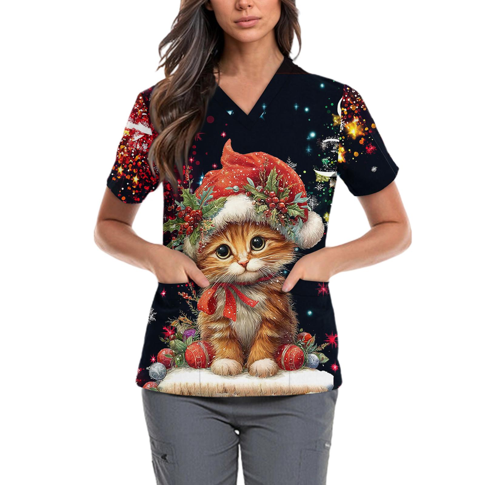 

Женская милая блузка с принтом бантиков, рабочая одежда, V-образный вырез, двойной слой, карманы, базовая, с коротким рукавом, пуловер L чёрный