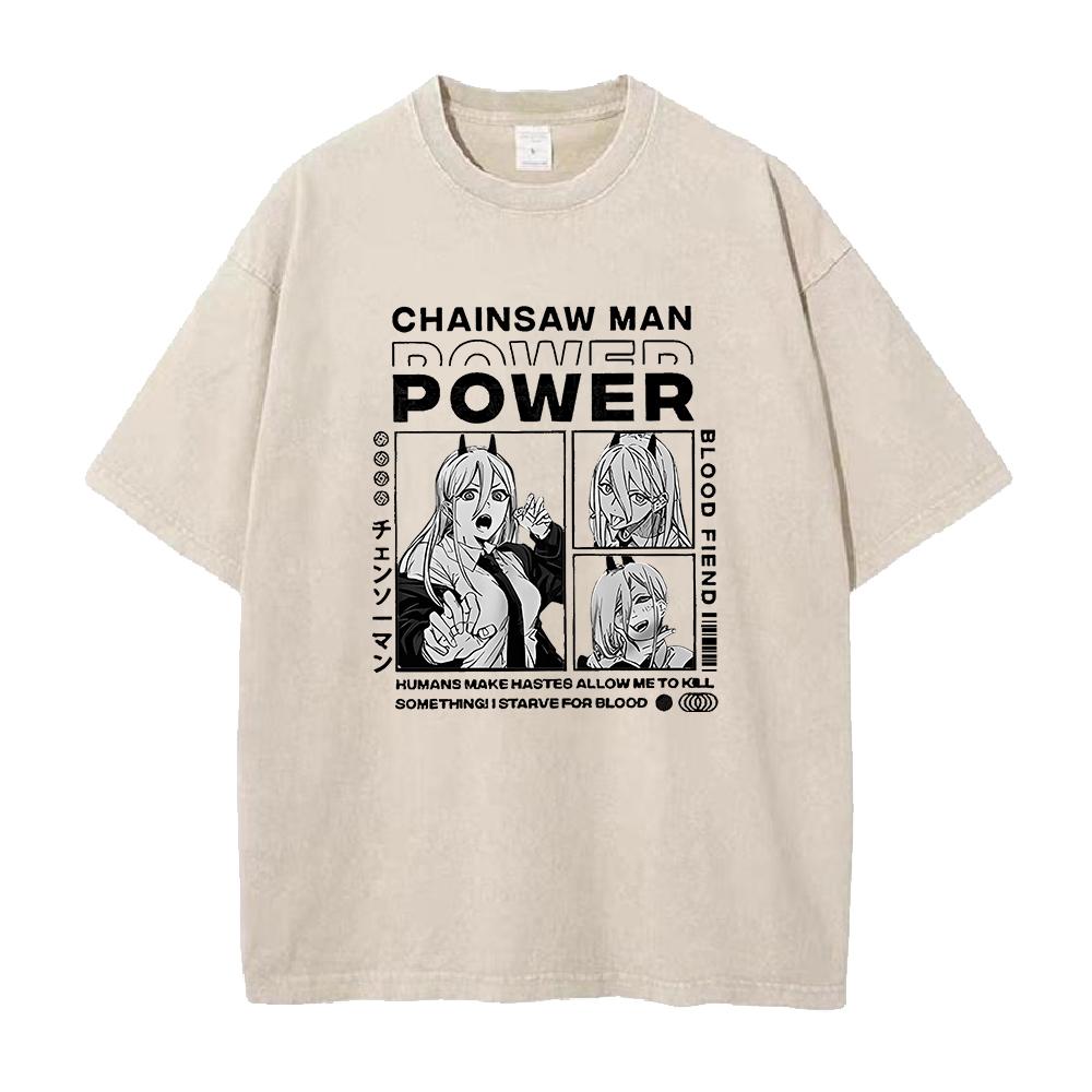 Anime Chainsaw Man Power Print Tee Men Women Plus Size Tshirts Manga Washed Cotton T Shirt Harajuku Unisex Comfortable Tshirt