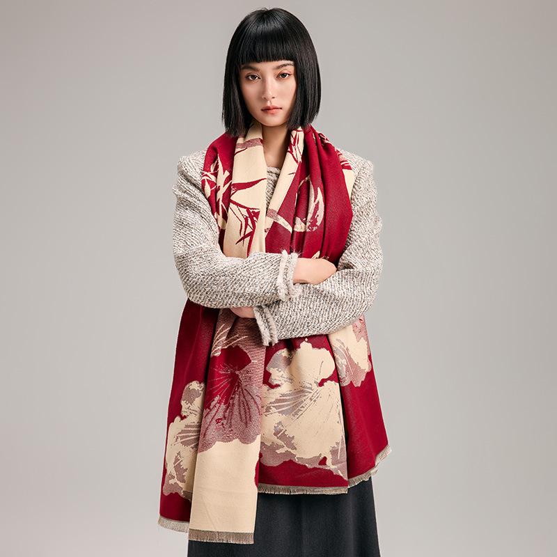 Guochao ink and wash wind contrasting colors double-sided imitation cashmere scarf winter high-end warm shawl