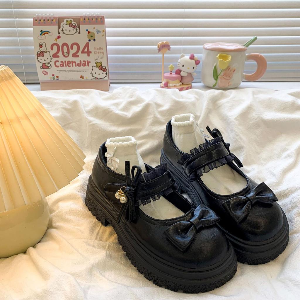 Black Bow Round Head Platform Small Leather Shoes Women's 5 New Spring and Autumn Skirt French Heightening Mary Jane Shoes
