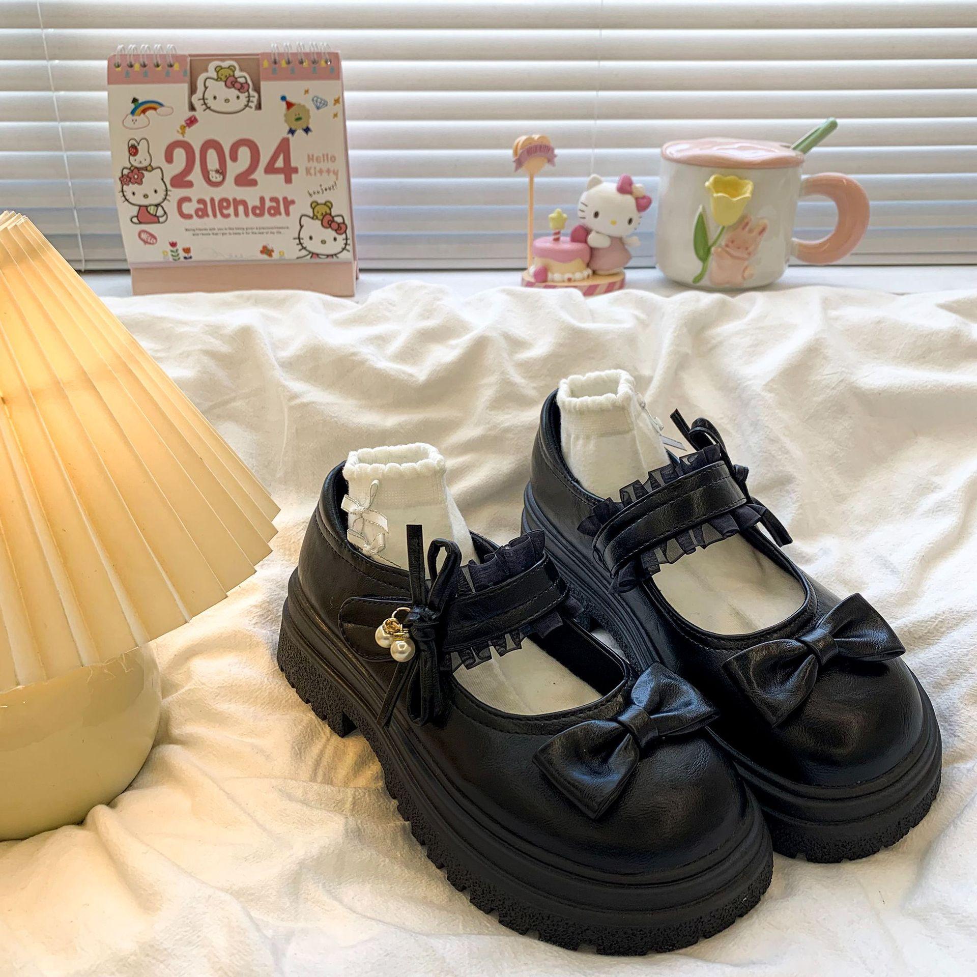 

Черные туфли с круглым носком и бантом на платформе, женские кожаные туфли 2025 года, новая юбка на весну и осень, туфли Мэри Джейн с французским эффектом увеличения роста волос 40