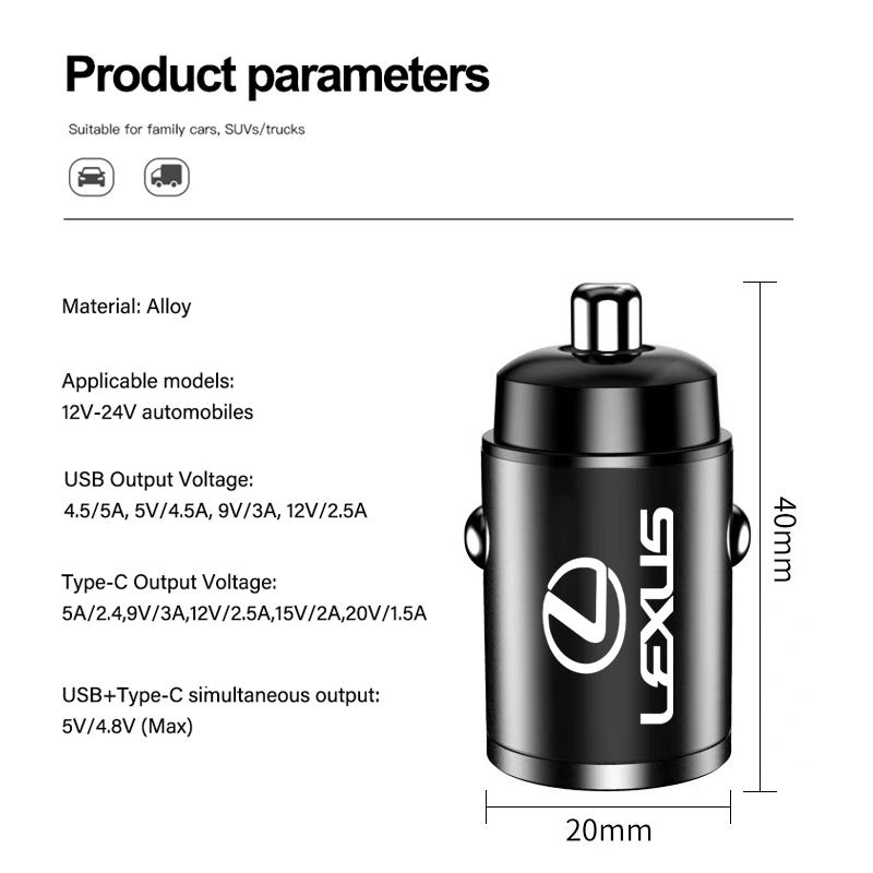 Car Charger Mini USB Type-C Fast Charging Adapter Accessories Tire Valve Cap For Lexus ES LM GS IS NX RX LX RZ IS250 IS430 RX300