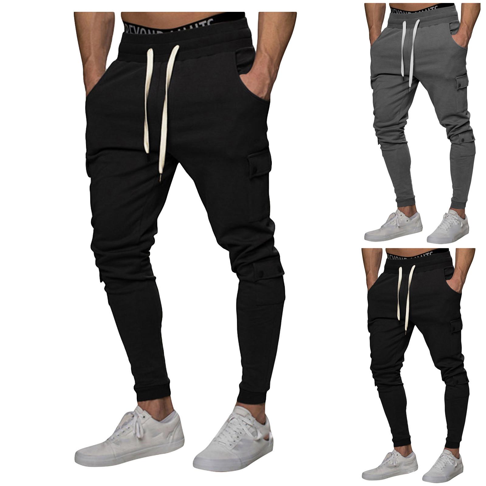 

Мужские повседневные модные однотонные модные спортивные брюки с несколькими карманами и шнурком