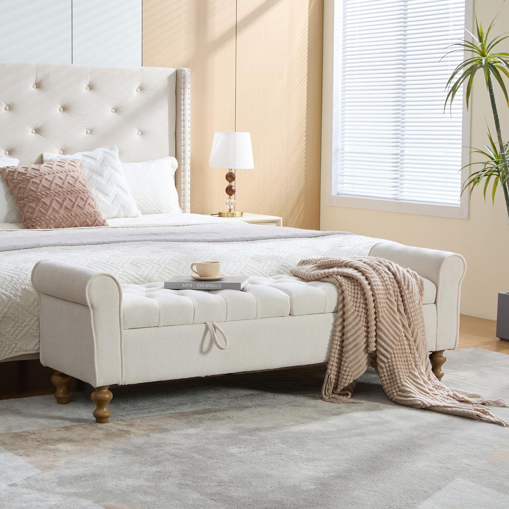 Modern Bench with 2 Lids, Velour Footstool with Rolled Armrests, As Daybed, Rubberwood Legs, for Living Room, Hallway, Bedroom, Color: Beige