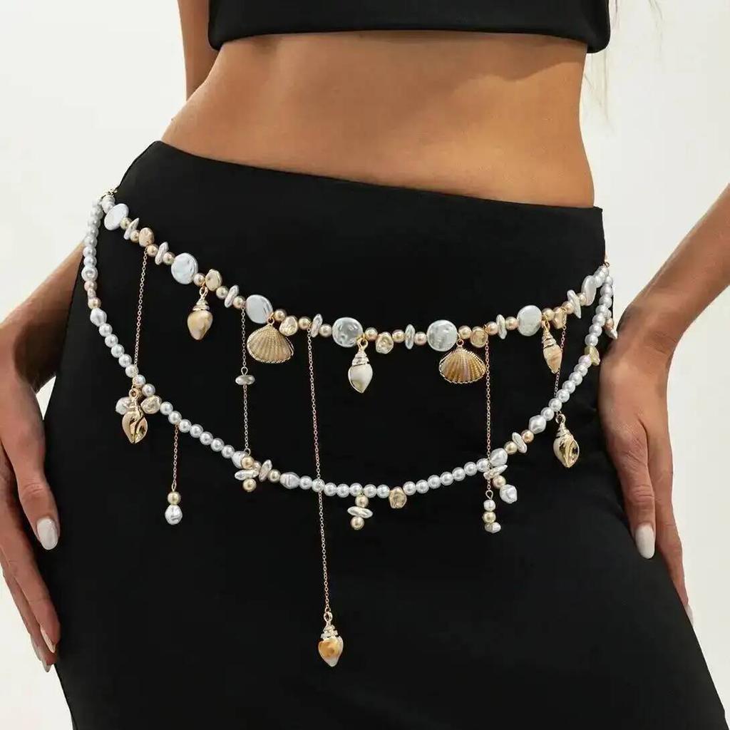 SHIXIN Bohemia Imitate Pearl Scallop Conch Pendant Tassel Waist Chain Women Fashion Charms Sexy Bikini Belly Chain Body Jewelry