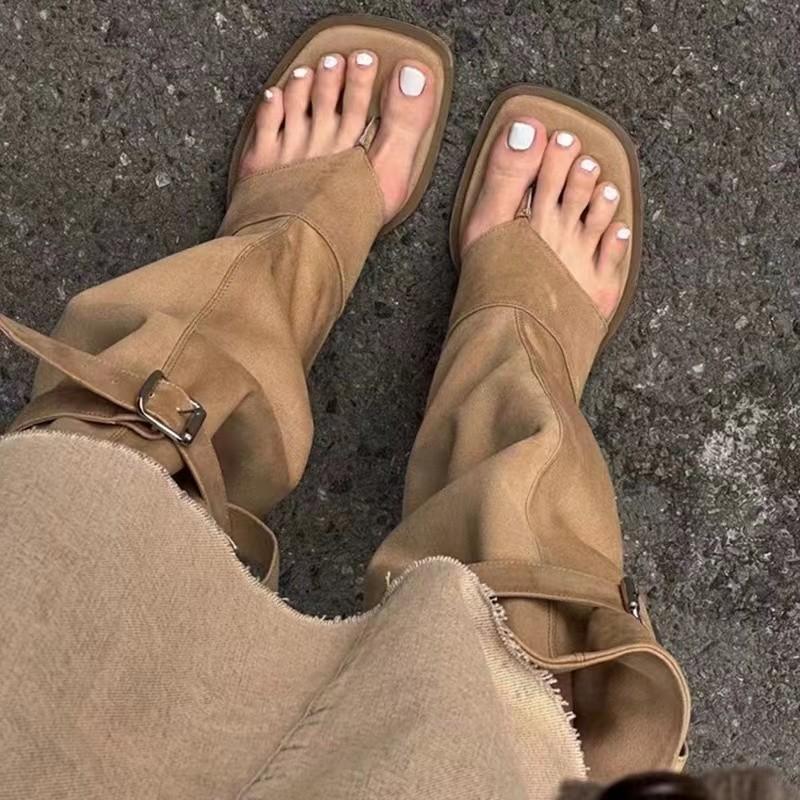 Hot Girls khaki černý semiš čtvercový klips špička vnitřní výška zvýšení opasku přezka volný čas kolena vysoké boty ženy letní boty