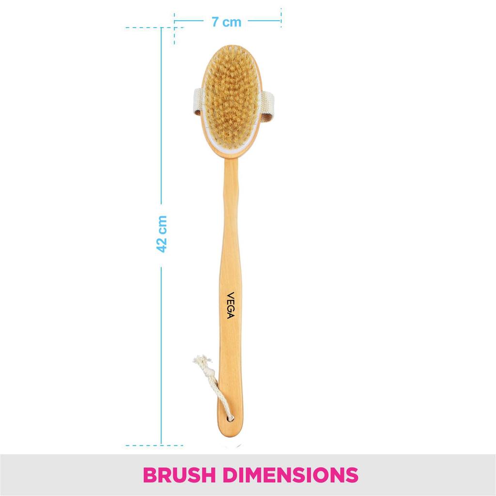 VEGA Long Handle Wooden Bath Brush, Detachable | Soft Bristle Body & Back Scrubber for Men & Women | Bath Massage Brush & Back Washer for Deep Clea