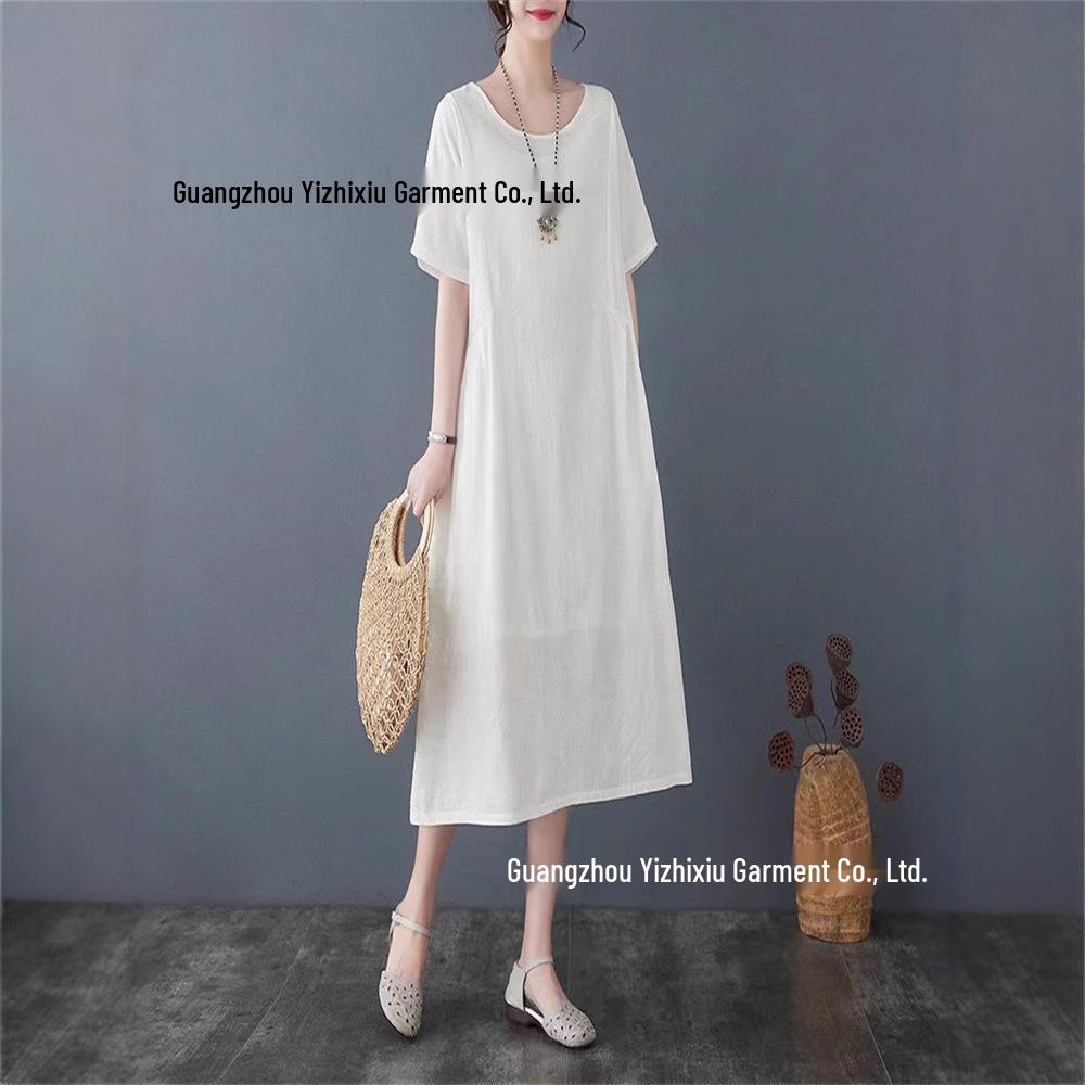 2025 Retro Women's Jacquard Pocket Dress - Slimming Cotton Linen