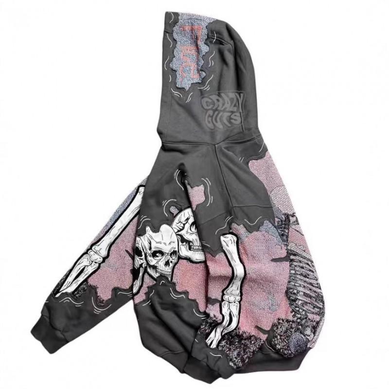 Unisex Skull Print Hooded Long Sleeve Streetwear Sweatshirt Loose Fit Winter